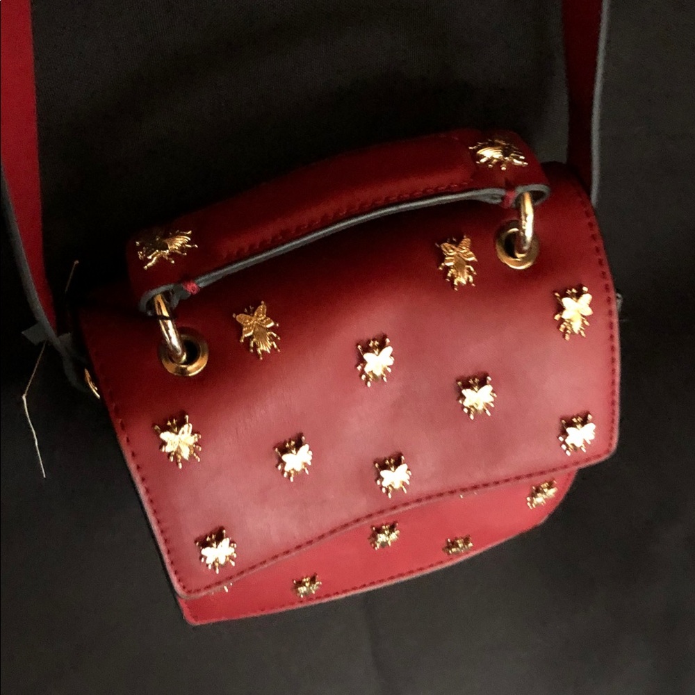 Zara Red Shoulder Bag with Gold Bees  Embellishments